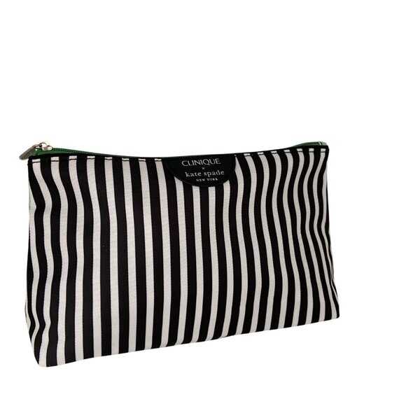 Clinique X Kate Spade Cosmetic Bag Black & White Stripes Green Polka Dots Zipper - Picture 1 of 10